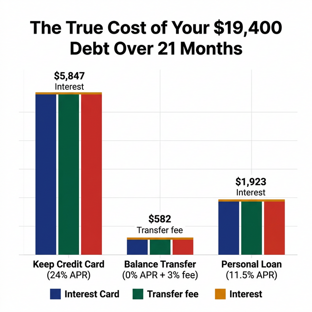 The true cost comparison of three debt strategies over 21 months