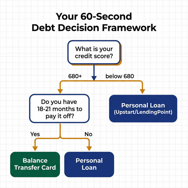 Decision tree: Credit score 680+ with 18-21 months to pay off → Balance Transfer Card; otherwise → Personal Loan