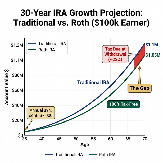 30-Year IRA Growth Projection: Traditional vs. Roth for $100k Earners