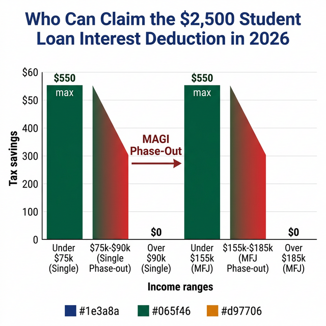 Who can claim the $2,500 student loan interest deduction in 2026 by income range